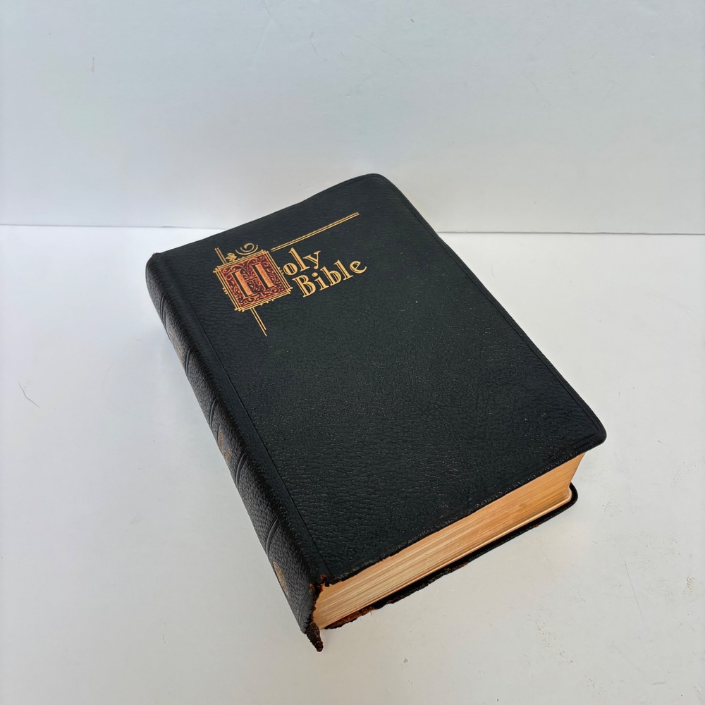 Vintage Catholic Edition Holy Bible Black Leather Illustrated Gilded Edge 1950s